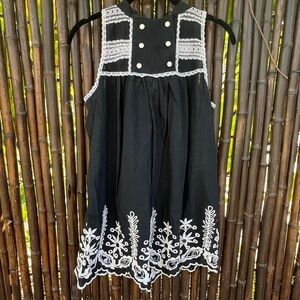 Vintage Prairie Embroidered Dress Black White Lace Bib Cottagecore Small
